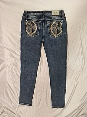 Miss Me Dark Blue Skinny Jeans with Gold Embroidered Pockets